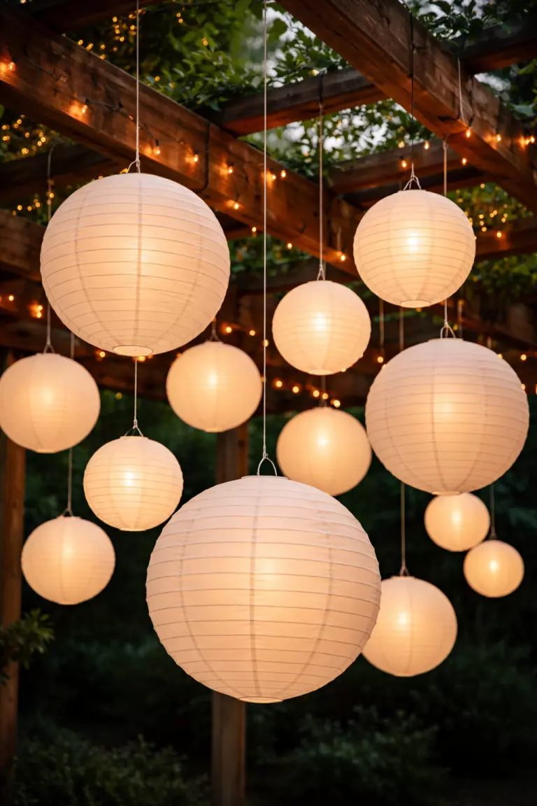 A realistic photo of various sizes of white round paper lanterns hanging from a wooden pergola with small warm lights inside.