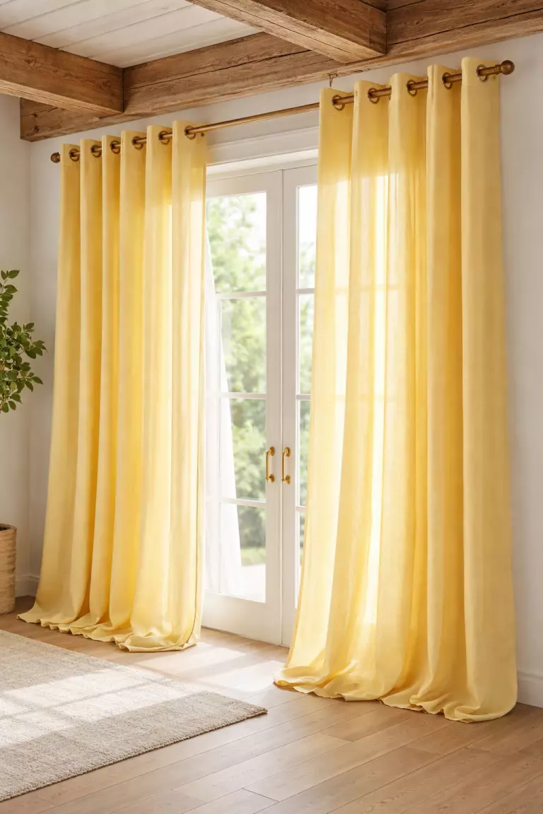 A realistic photo of butter yellow fabric drapes hanging from a wooden ceiling beam in a bright airy room.