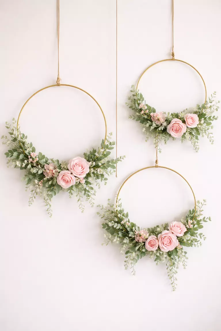 A realistic photo of three golden hula hoops decorated with greenery and pink silk flowers hanging against a plain white wall.