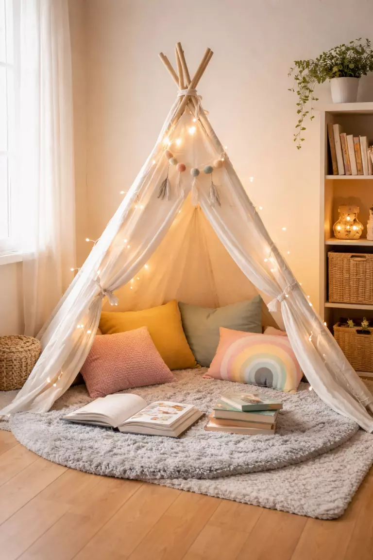 A realistic photo of a small white teepee tent with colorful pillows and books on a soft grey rug in a cozy corner.