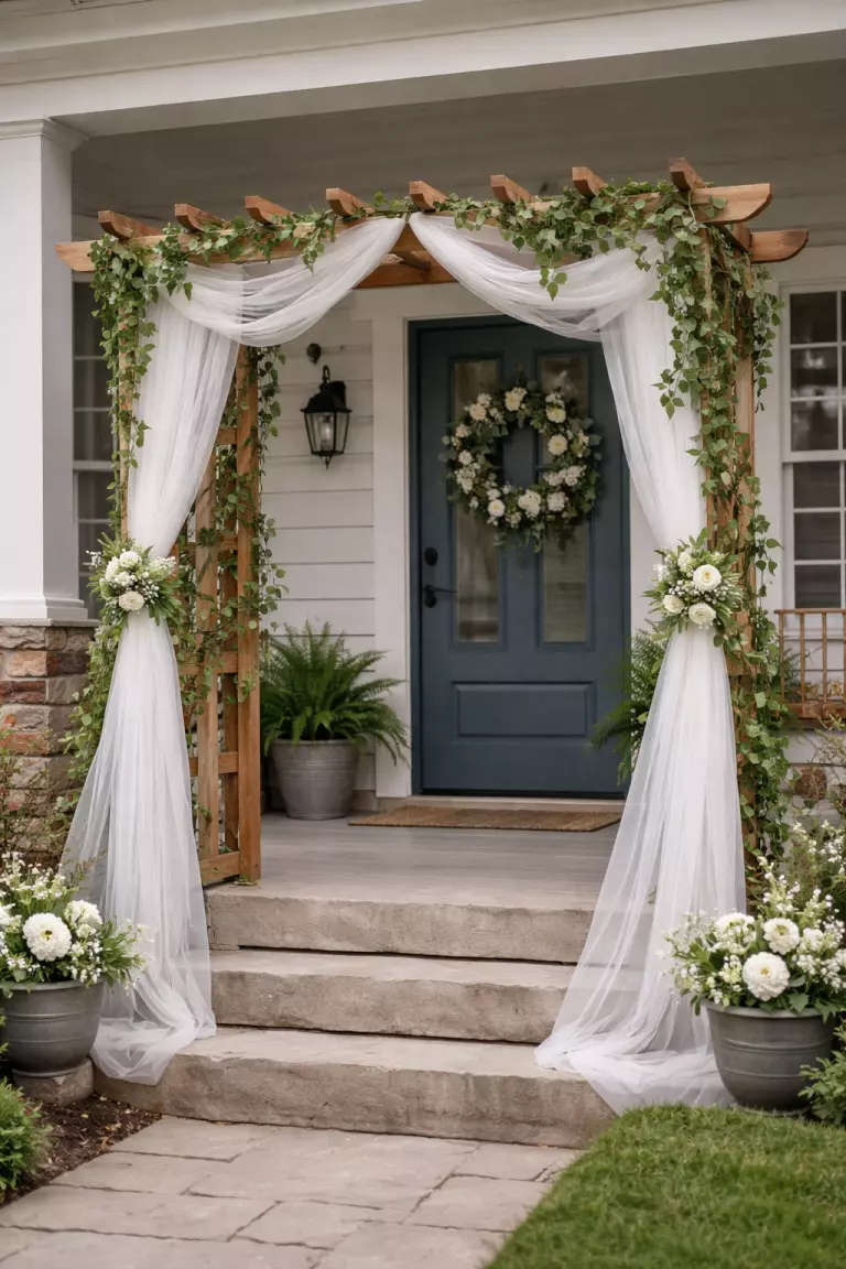 A realistic photo of a simple wooden garden arbor draped with white tulle and green ivy over a front porch.