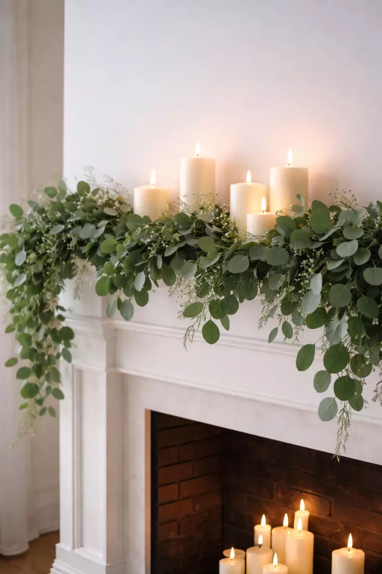 A realistic photo of a thick green eucalyptus garland draped over a white fireplace mantel with several flickering pillar candles.