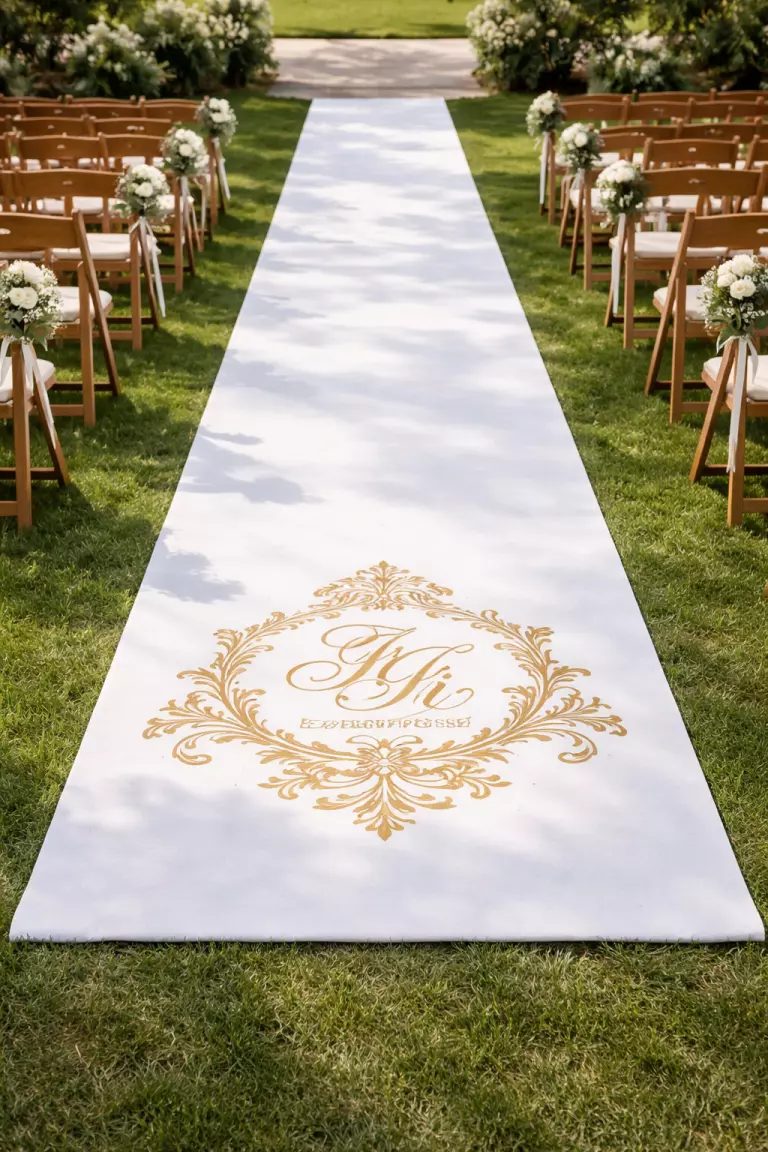 A realistic photo of a white fabric aisle runner with a custom gold stencil design on a green lawn with wooden chairs.