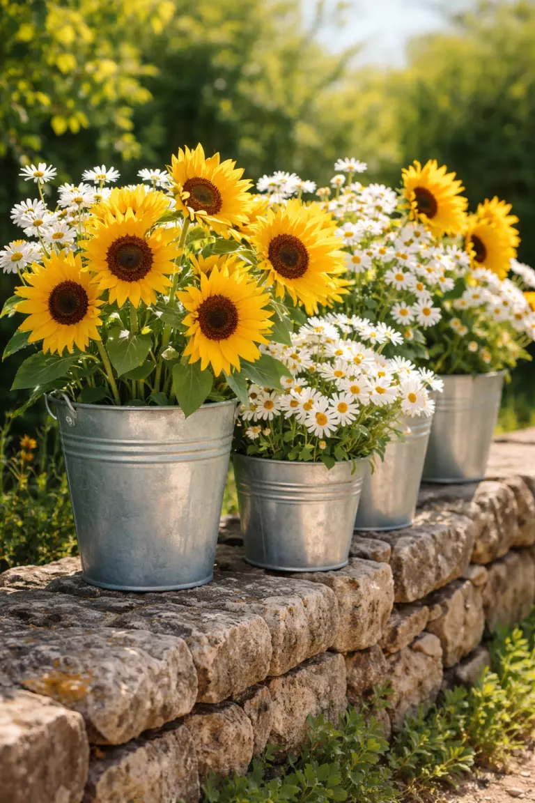 A realistic photo of several silver galvanized metal buckets filled with tall sunflowers and white daisies, sitting on a rustic stone wall in the sunshine.