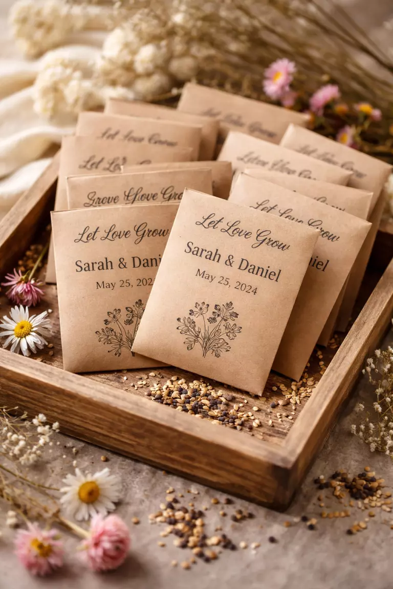 A realistic photo of small brown kraft paper envelopes filled with flower seeds, featuring black printed text with the couple's names, arranged in a shallow wooden tray.