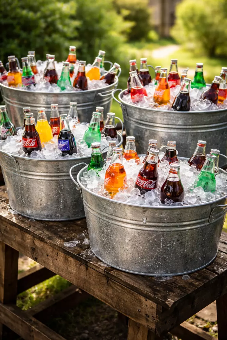 A realistic photo of several large silver galvanized metal tubs overflowing with ice and glass bottled sodas, resting on a rustic wooden stand outdoors with water droplets condensing on the cold metal surface.