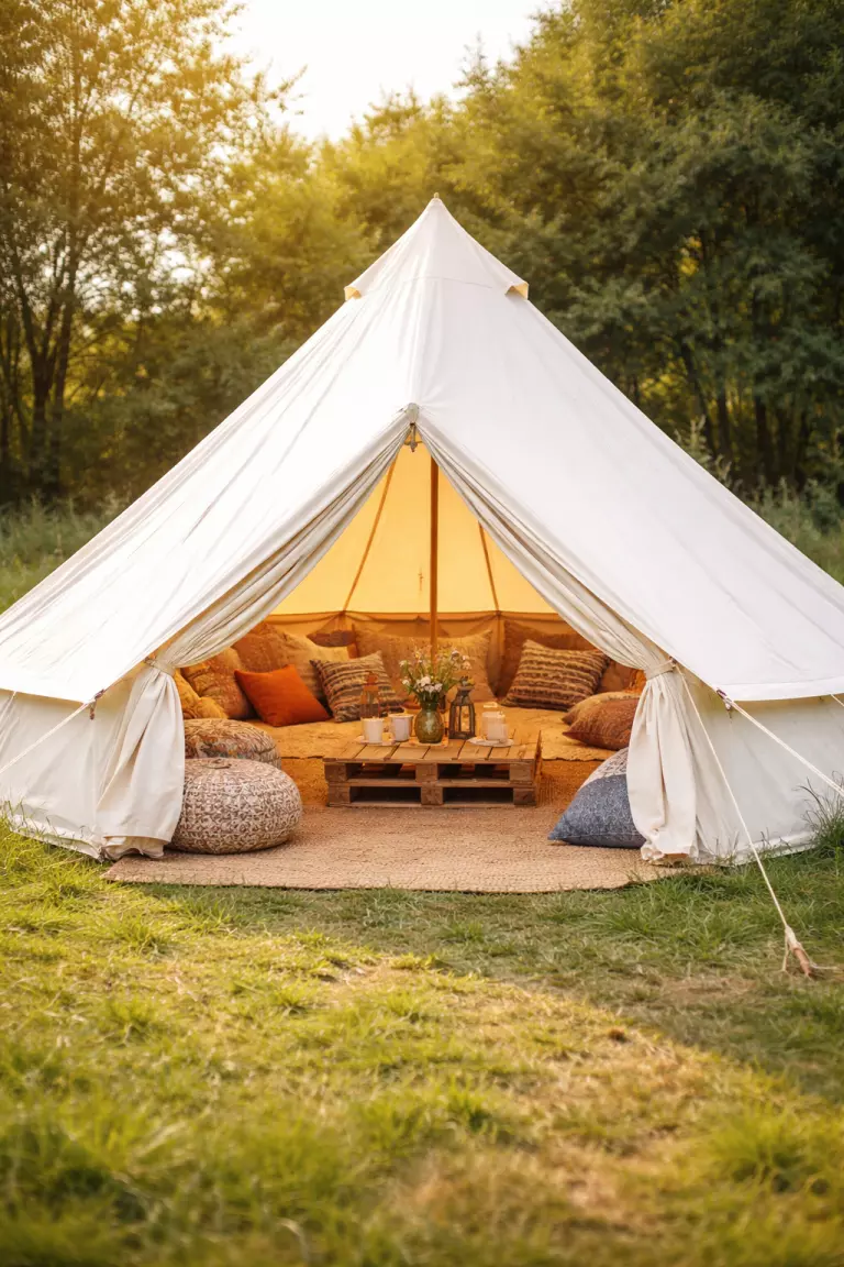 A realistic photo of a large white canvas bell tent standing on a grassy field, with the entrance flap open to reveal colorful cushions and a low wooden table inside.