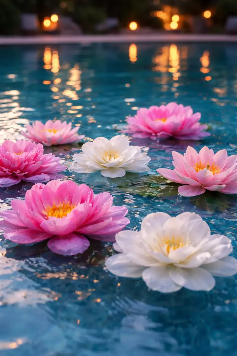 A realistic photo of large bright pink and white flower blossoms floating on the calm blue surface of a swimming pool, with the water reflecting the surrounding evening lights.