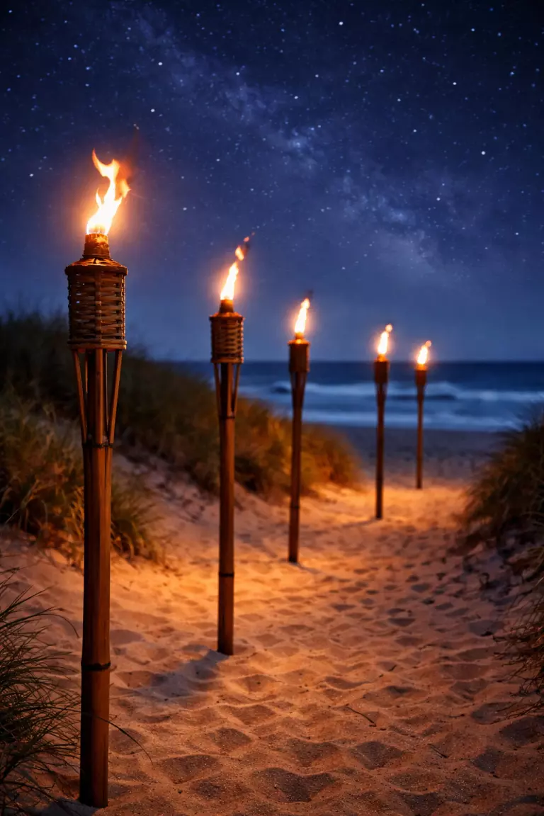 A realistic photo of several tall brown bamboo torches with flickering flames, standing upright in the sand along a beach path at night under a starry sky.