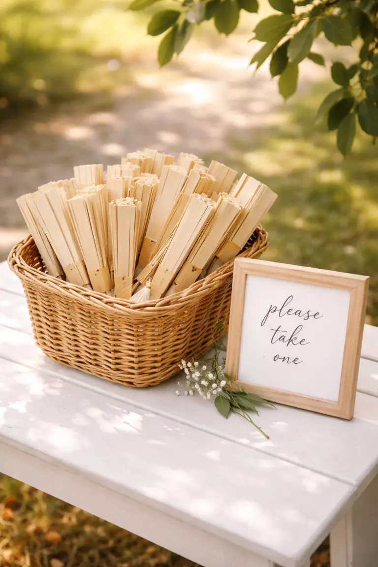 A realistic photo of a woven wicker basket filled with light tan bamboo folding fans, placed on a white wooden table near a sign that says please take one, with soft sunlight filtering through nearby tree leaves.