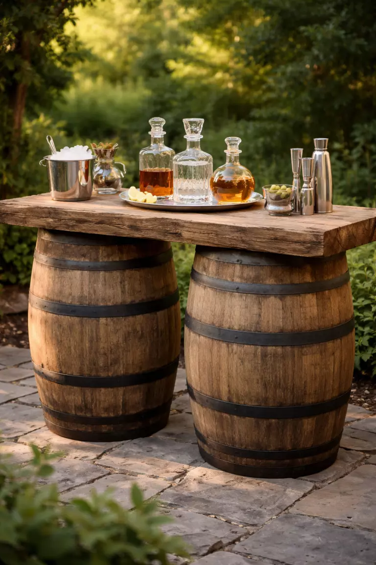 A realistic photo of two oak wine barrels supporting a thick slab of reclaimed wood to form a rustic outdoor bar, with glass decanters and silver bar tools on top.