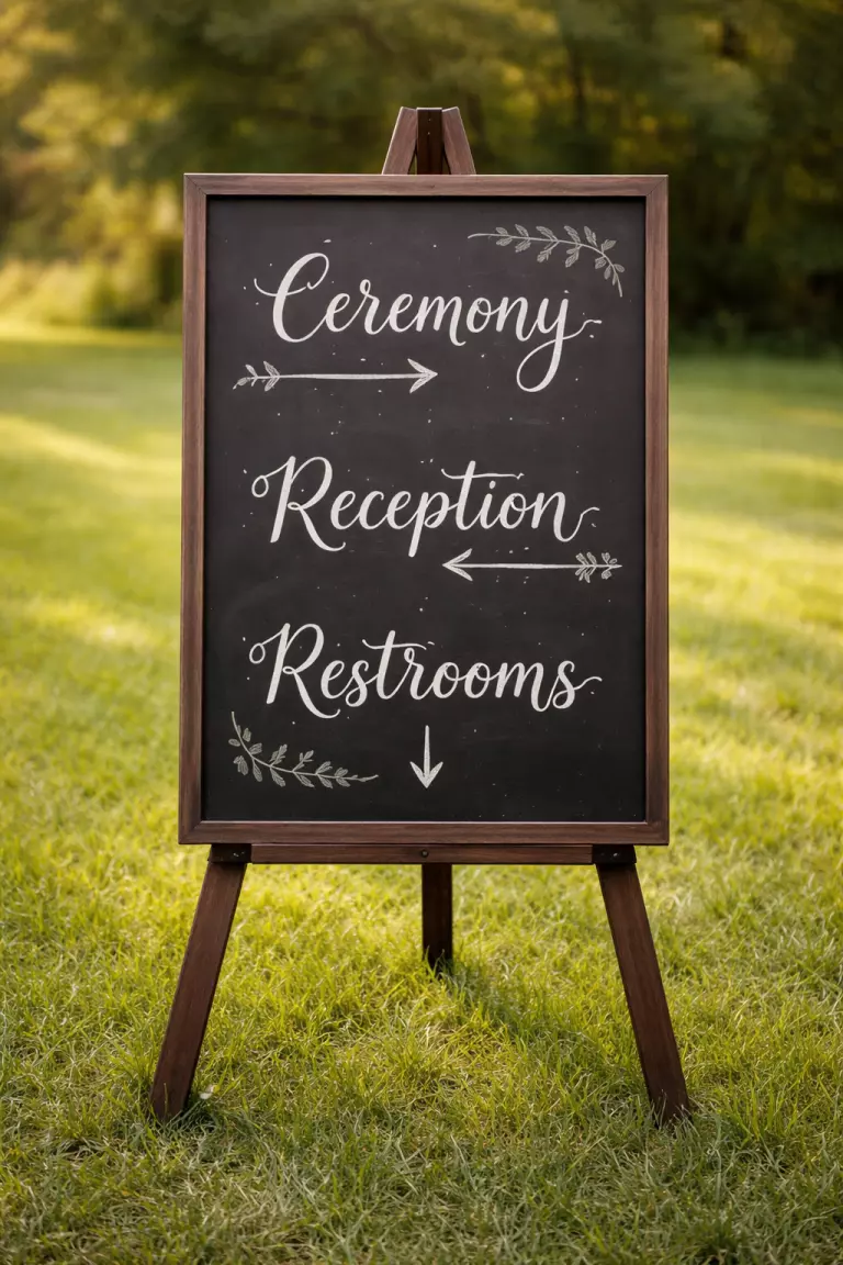 A realistic photo of a black chalkboard sign on a dark wooden easel, with white hand-lettered text directing guests to the ceremony, reception, and restrooms, surrounded by green grass.