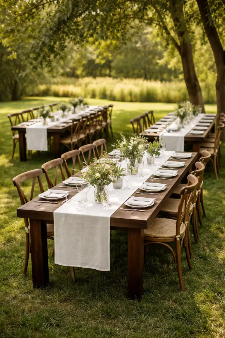 A realistic photo of long dark brown farmhouse dining tables set up on a lawn, decorated with simple white linen runners and small glass vases of greenery under the shade of trees.