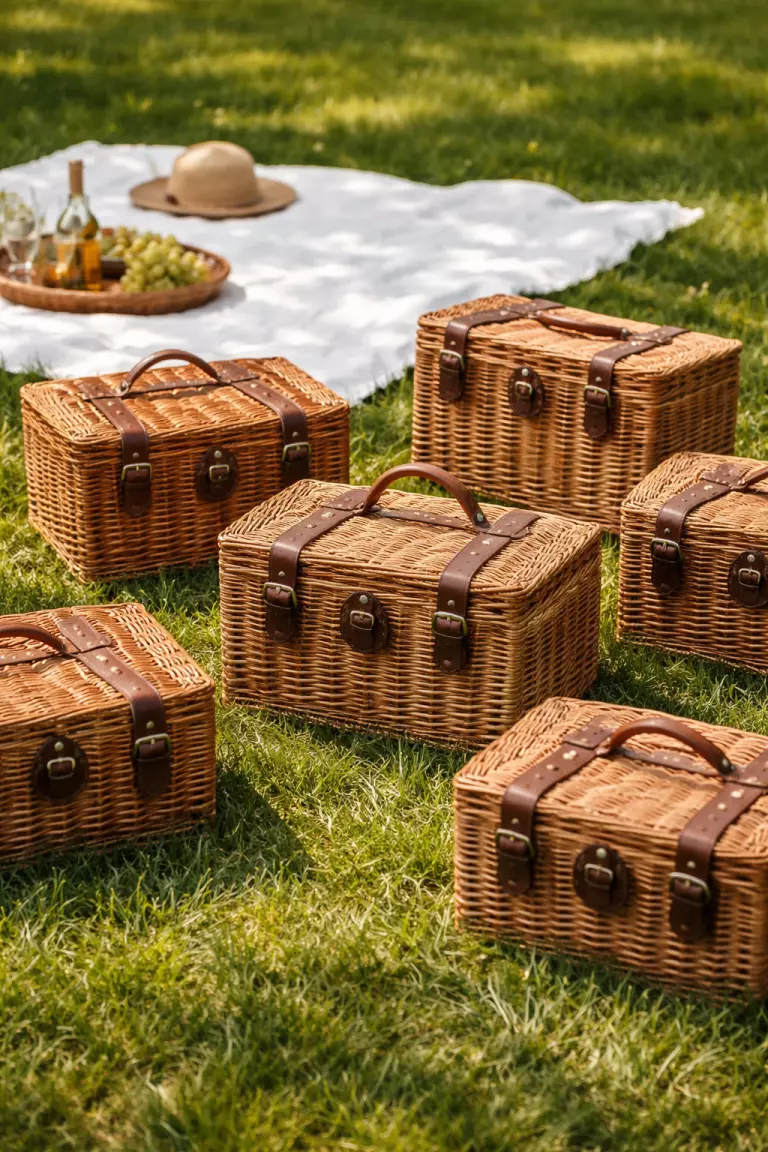 A realistic photo of several closed brown wicker picnic baskets with leather straps, arranged on a green lawn with a white cotton picnic blanket spread nearby.