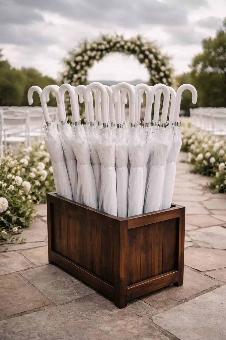 A realistic photo of a large dark wooden stand holding several long white umbrellas with curved handles, positioned near an outdoor ceremony entrance under a cloudy sky.