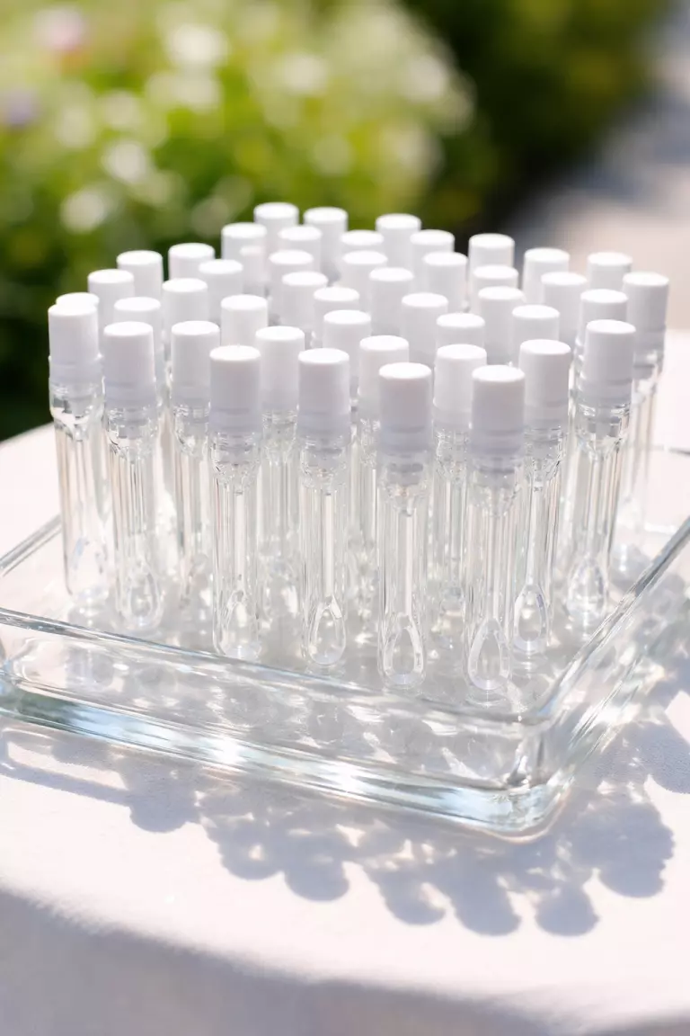 A realistic photo of a small glass tray holding dozens of tiny clear plastic bubble wands with white caps, reflecting bright outdoor sunlight.