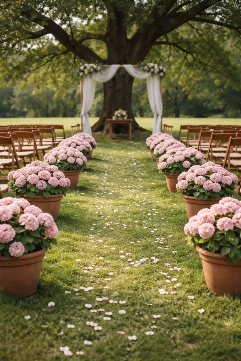 A realistic photo of several terracotta pots containing blooming pink hydrangeas lining a grassy wedding aisle, leading toward a simple ceremony space under a large tree.