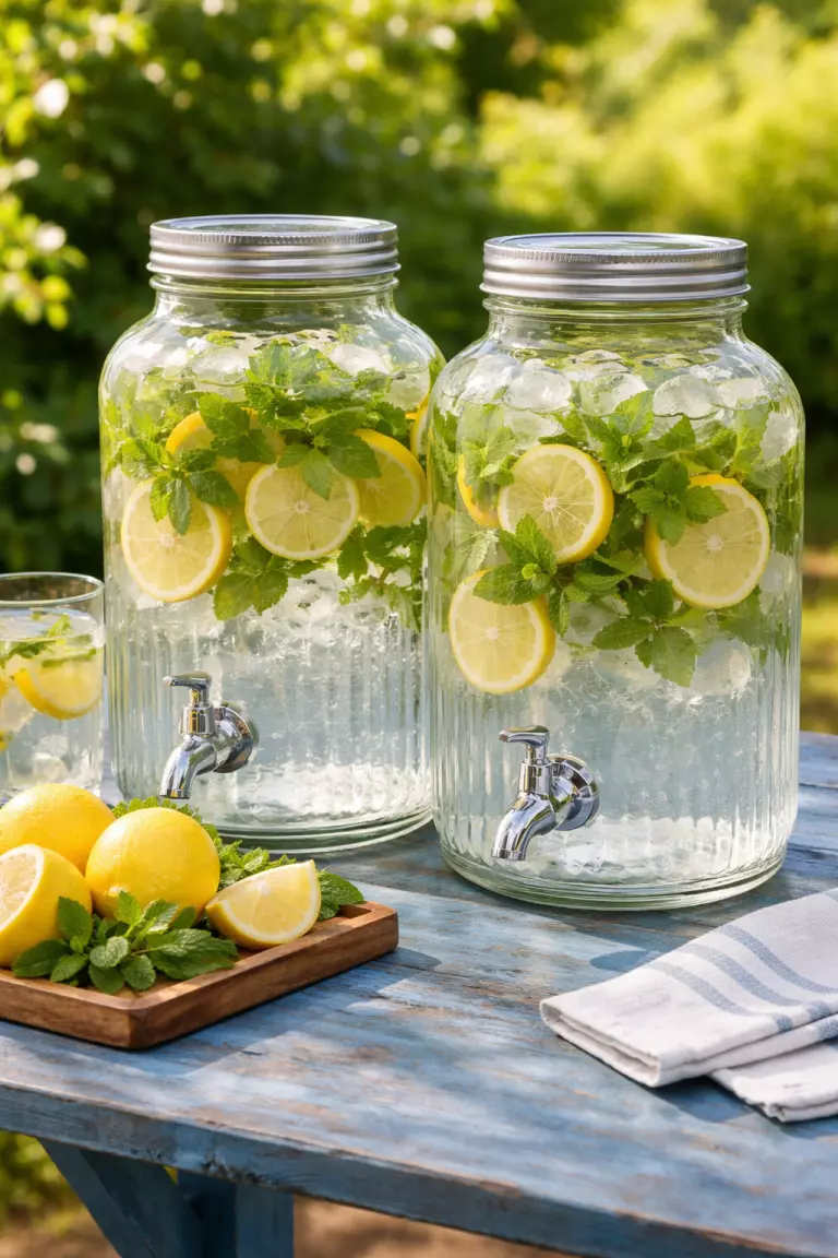 A realistic photo of two large glass beverage dispensers with silver spigots filled with water, sliced lemons, and fresh green mint leaves, sitting on a weathered blue wooden table.