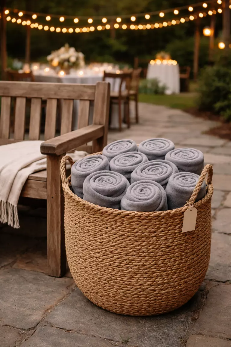 A realistic photo of a large woven seagrass basket filled with rolled grey fleece blankets, positioned next to a wooden bench during an outdoor evening reception.
