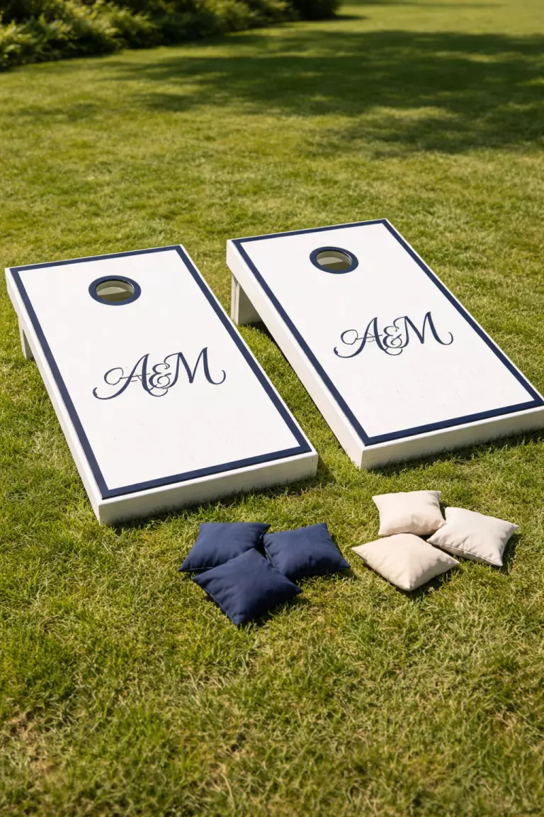 A realistic photo of a set of white wooden cornhole boards with navy blue monogram initials, resting on a flat green lawn with bean bags lying nearby on a sunny day.