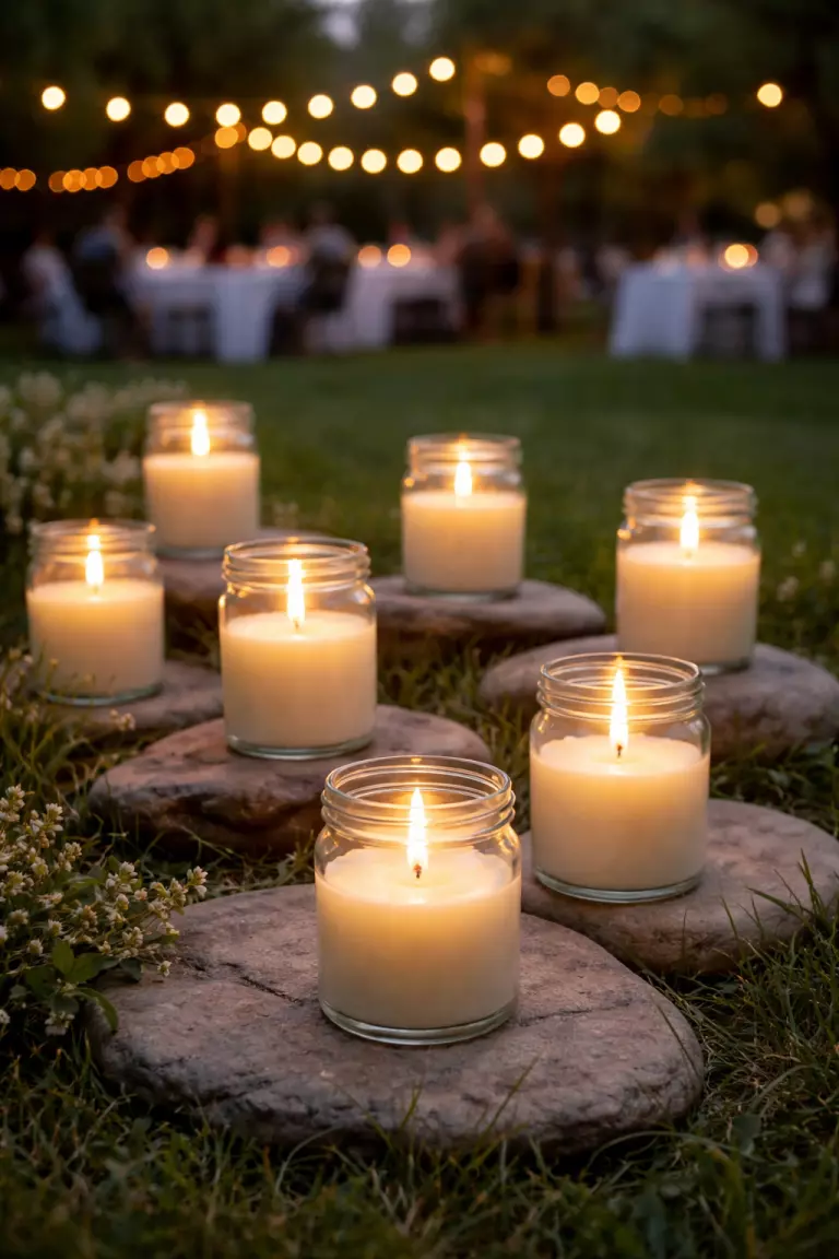 A realistic photo of several white citronella candles in clear glass jars arranged on flat stones surrounding a grassy reception area, with small yellow flames glowing as evening begins to fall.