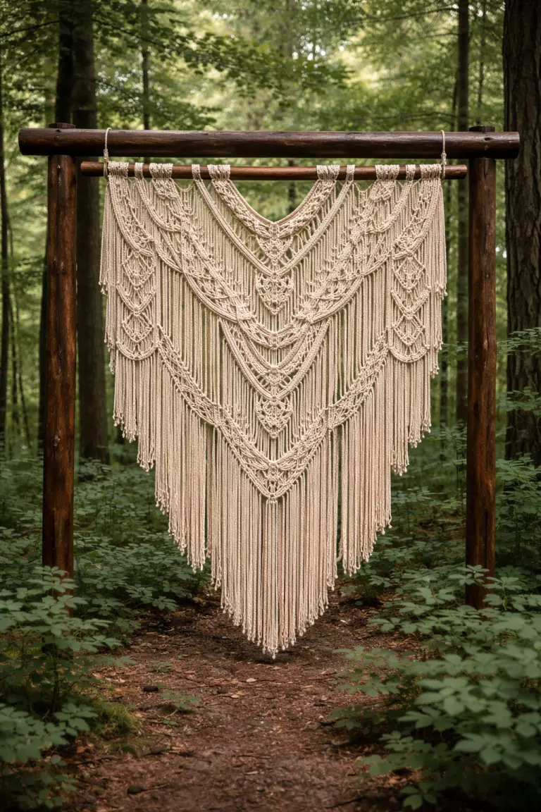 A realistic photo of a large cream colored macrame wall hanging with intricate knots, suspended from a dark wood frame in a wooded forest setting.