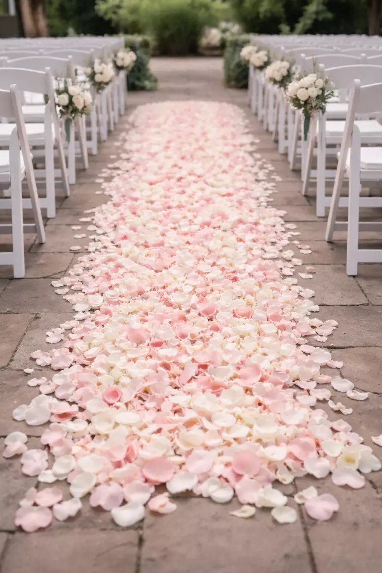 A realistic photo of a thick path of light pink and cream rose petals scattered on a stone walkway between rows of white folding chairs.