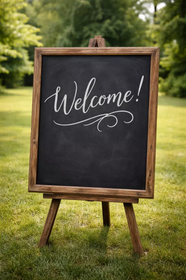 A realistic photo of a large black chalkboard in a rustic wooden frame with white hand-lettered cursive writing, standing on a wooden easel on a grassy lawn.
