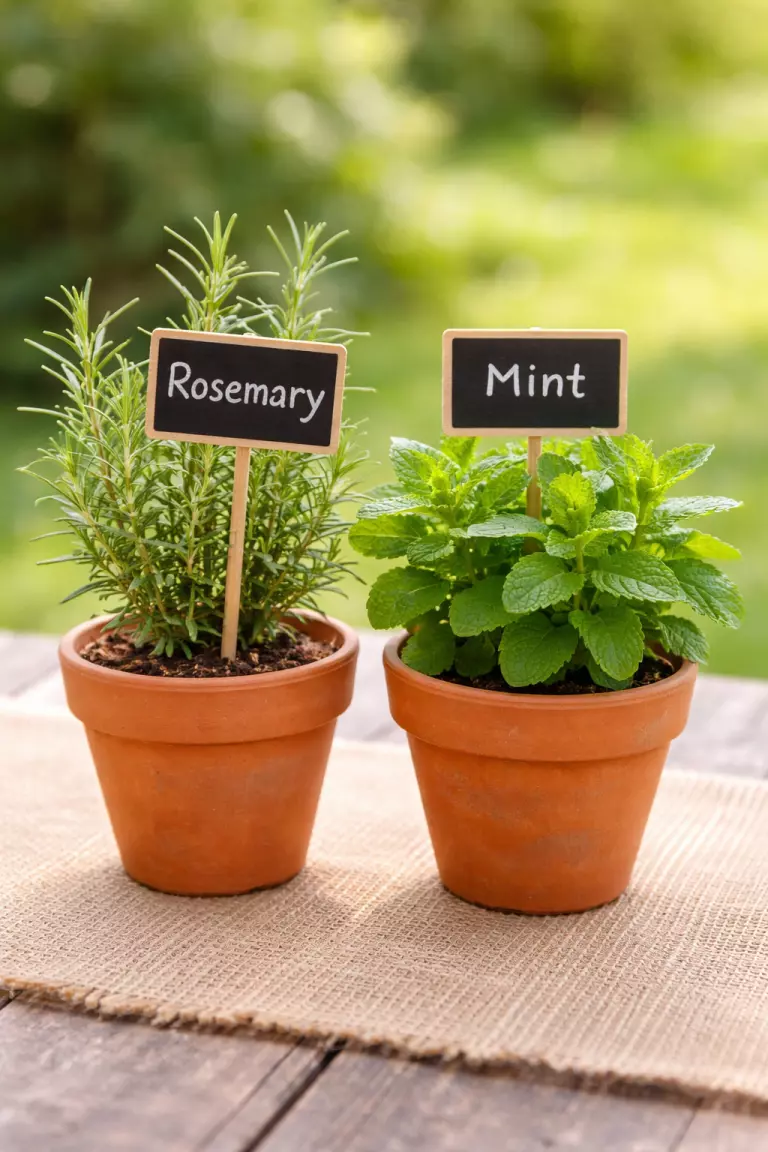 A realistic photo of small terracotta pots containing fresh green rosemary and mint plants, each labeled with a small chalkboard sign, sitting on a burlap table runner.
