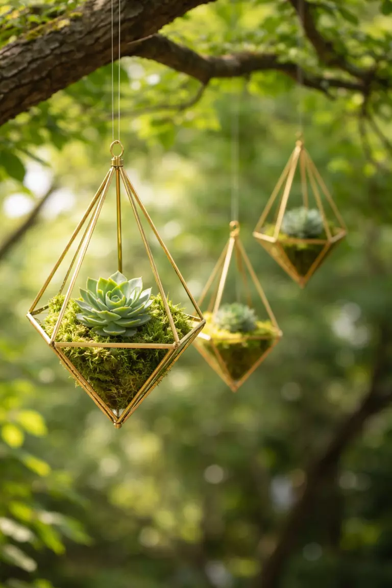 A realistic photo of gold metal geometric terrariums hanging from tree branches with clear fishing line, containing single succulent plants and moss inside.
