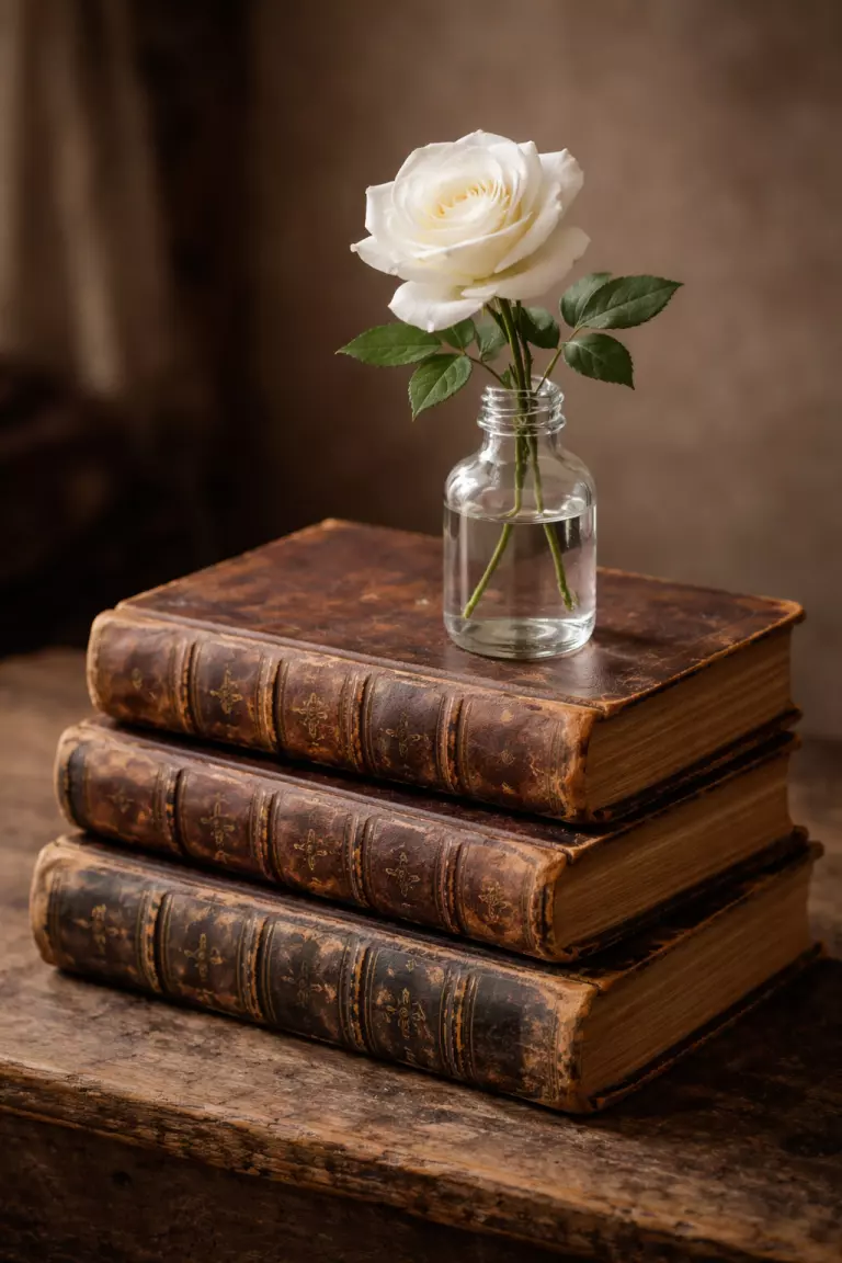 A realistic photo of a stack of three antique books with worn leather covers, topped with a small glass bottle containing a single white rose.