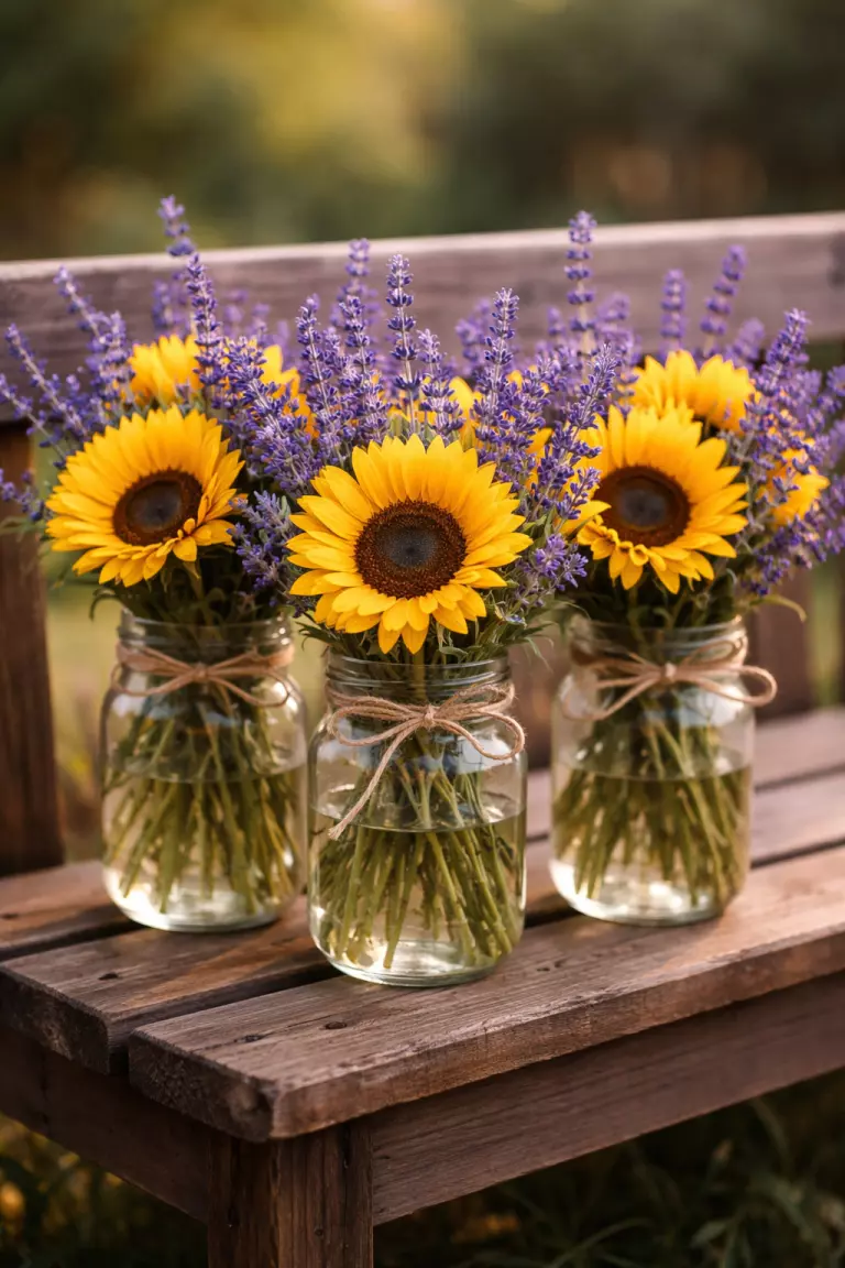A realistic photo of clear glass mason jars tied with twine bows, filled with colorful yellow sunflowers and purple lavender, sitting on a wooden bench.