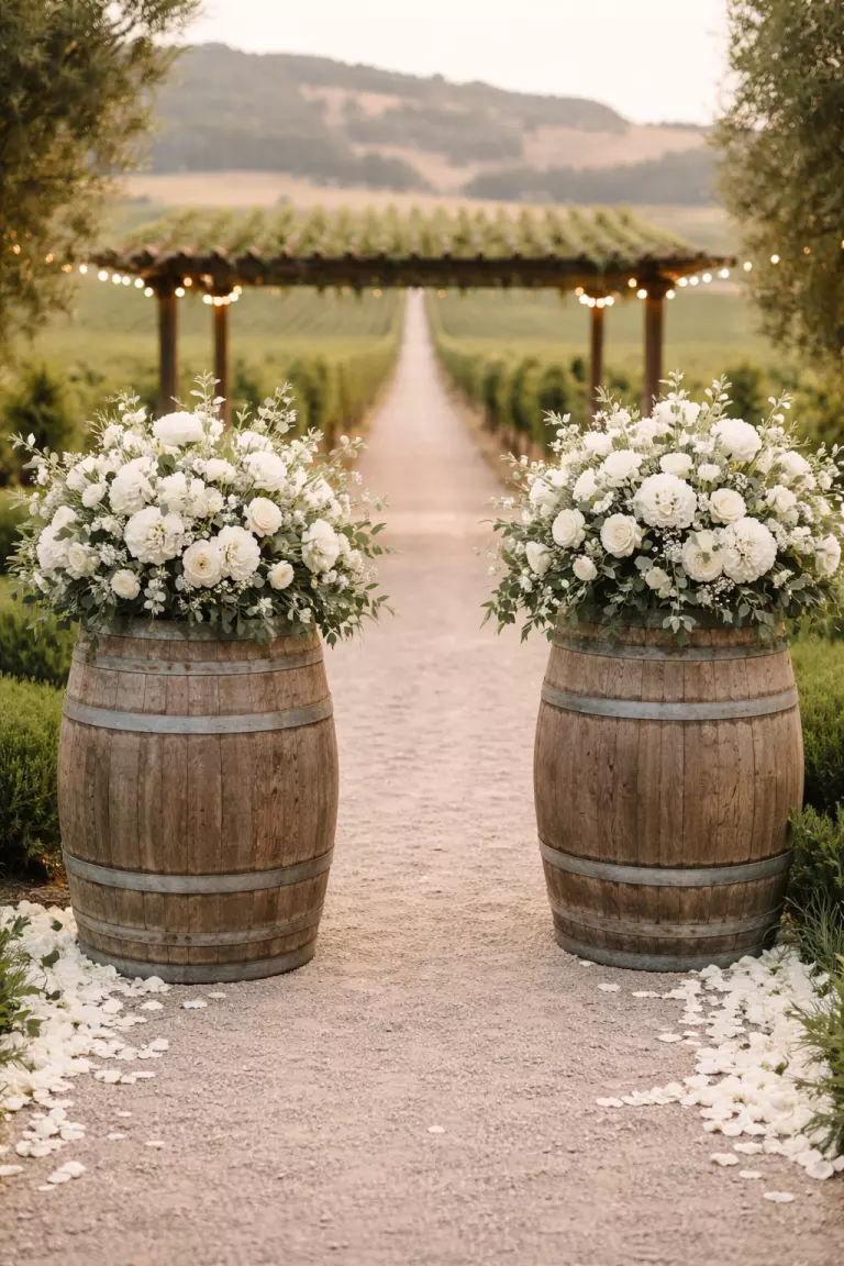 A realistic photo of two weathered oak wine barrels topped with large white floral arrangements, standing at the entrance of a vineyard wedding venue.