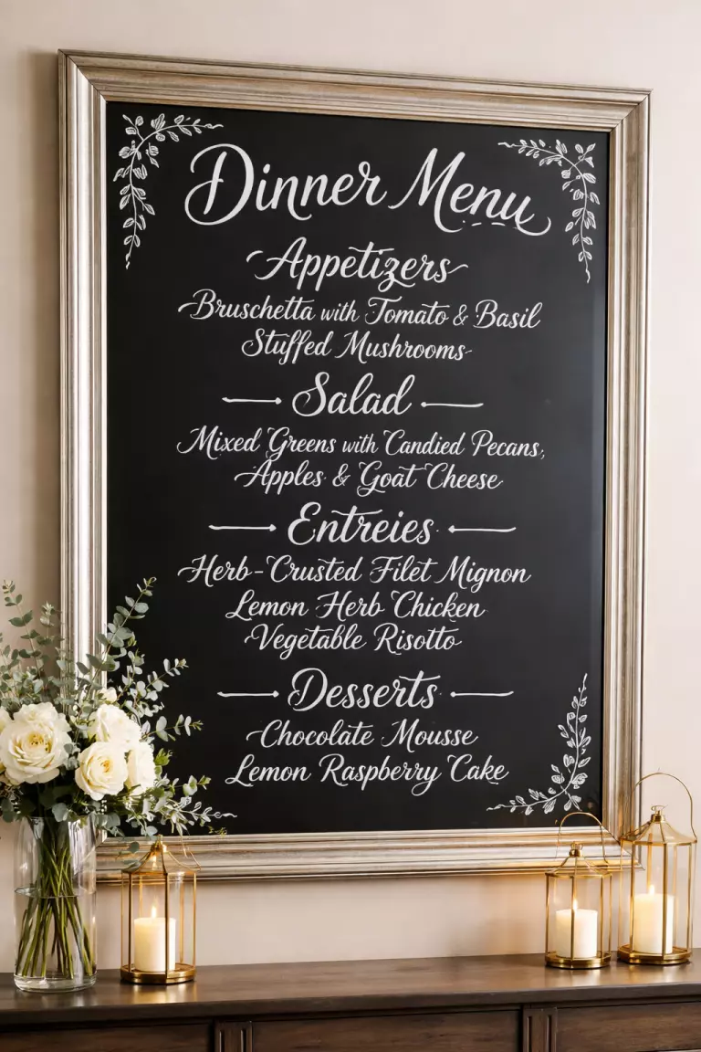A realistic photo of a large wall-mounted mirror with a silver frame, featuring a dinner menu written in elegant white liquid chalk ink.