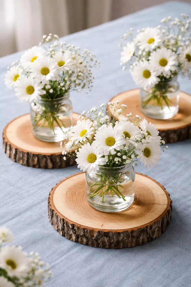 A realistic photo of round natural wood tree slices used as bases for small glass vases with white daisies, arranged on a blue linen tablecloth.