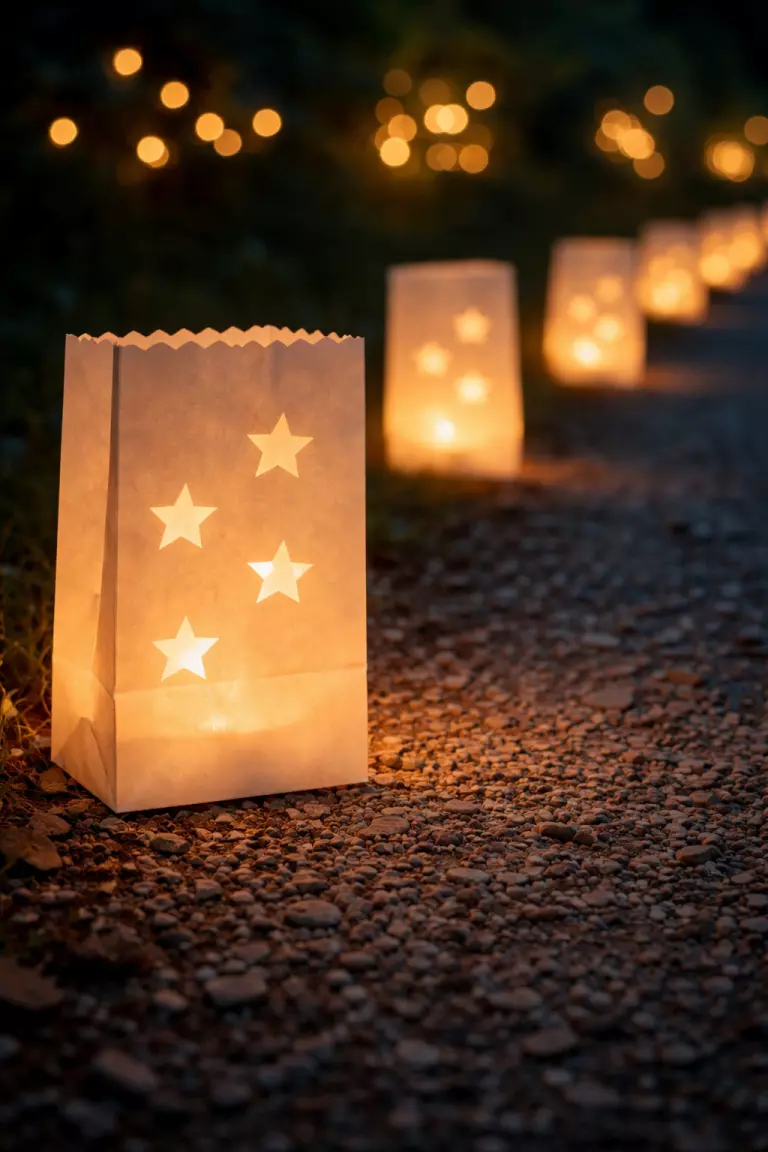 A realistic photo of white paper bags with star cutouts sitting on a gravel path at night, glowing warmly from battery operated flickering tea lights inside.