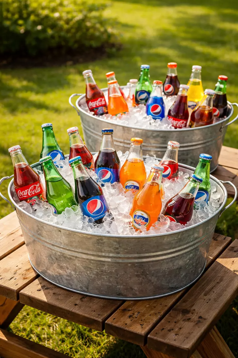 A realistic photo of large silver galvanized metal tubs filled with crushed ice and colorful glass soda bottles, sitting on a wooden lawn table.