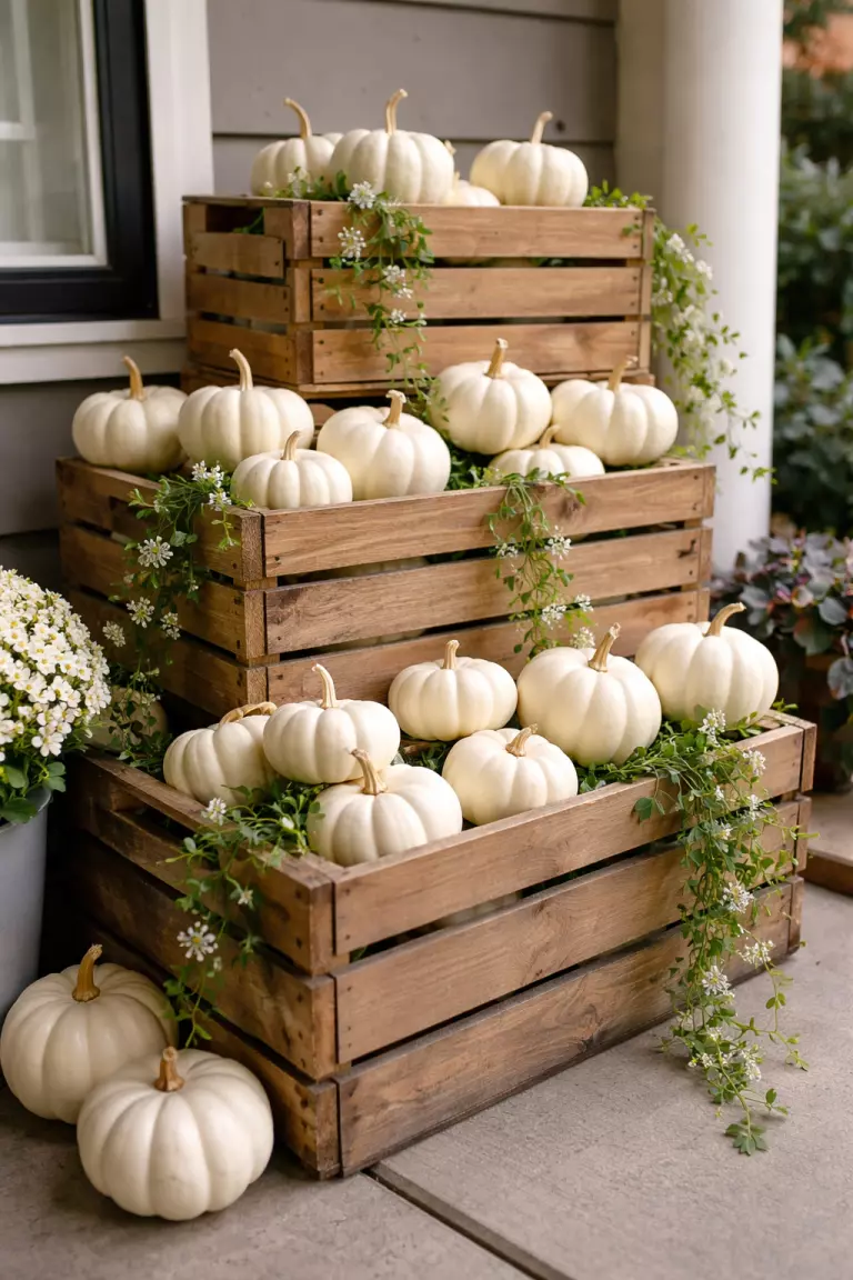 A realistic photo of stacked light brown wooden crates holding small white pumpkins and green vines, arranged on a porch as a decorative display.