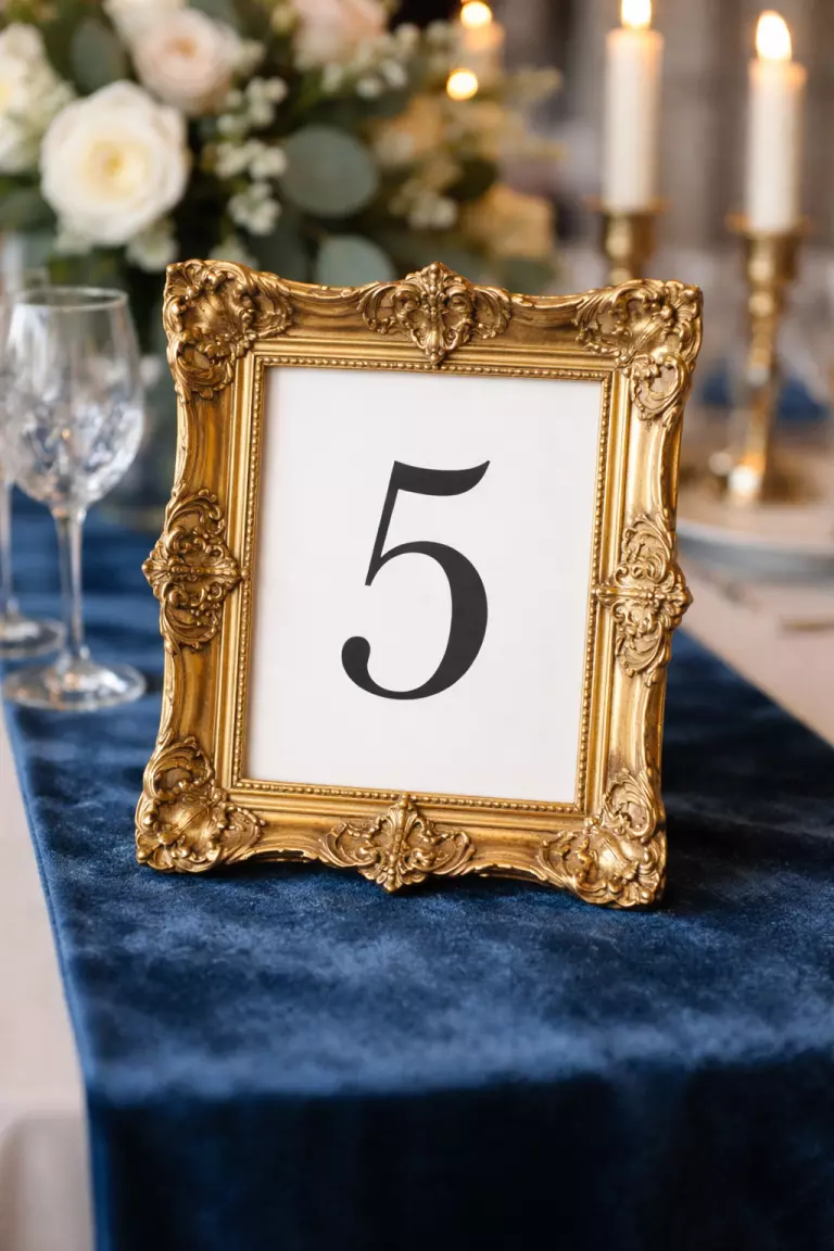 A realistic photo of a shiny gold ornate picture frame containing a white card with a large black number five, sitting on a blue velvet table runner.