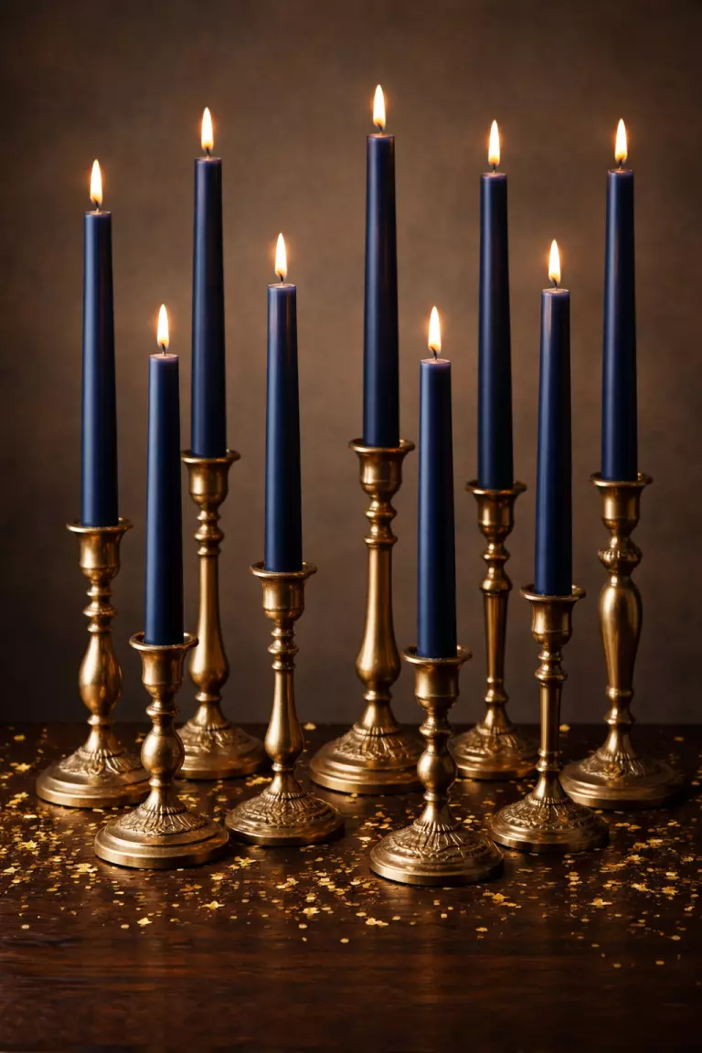 A realistic photo of various heights of antique gold brass candlesticks holding tall navy blue taper candles on a dark wood surface with scattered gold confetti.