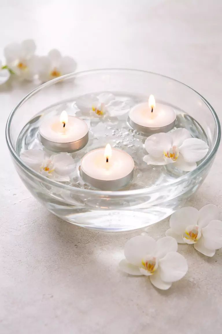 A realistic photo of a shallow clear glass bowl filled with water, containing three floating white tea light candles and several small white orchids.