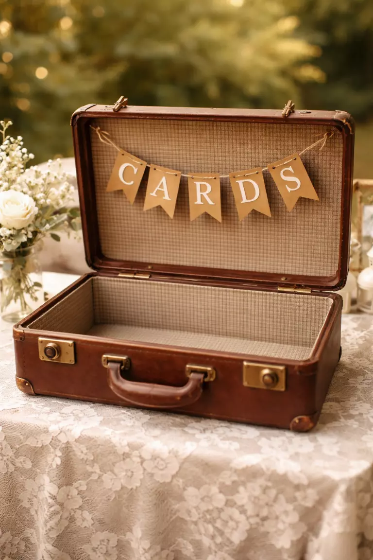 A realistic photo of an open vintage brown leather suitcase with a small 'Cards' banner made of twine and cardstock, sitting on a lace-covered table.