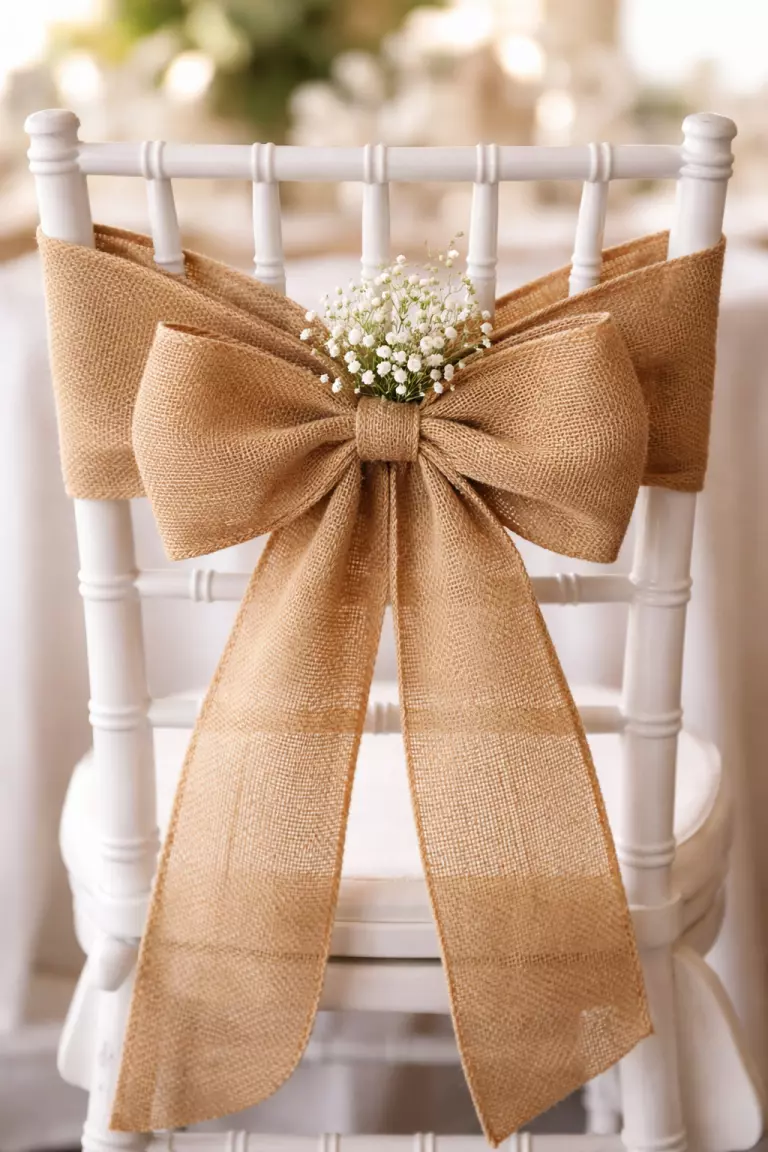 A realistic photo of the back of a white wooden chair with a wide tan burlap sash tied into a large neat bow, decorated with a small sprig of baby’s breath.