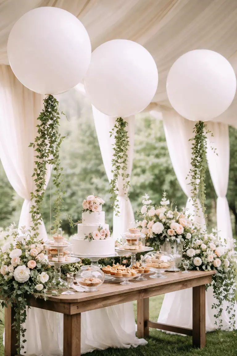 A realistic photo of huge round white balloons with long green ivy vines as strings, floating next to a dessert table at a wedding reception.