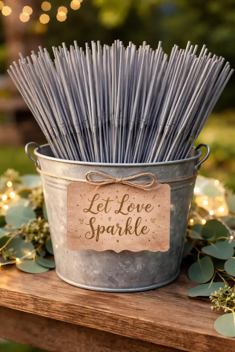 A realistic photo of dozens of long silver sparklers arranged in a large galvanized metal bucket with a small sign that says 'Let Love Sparkle'.