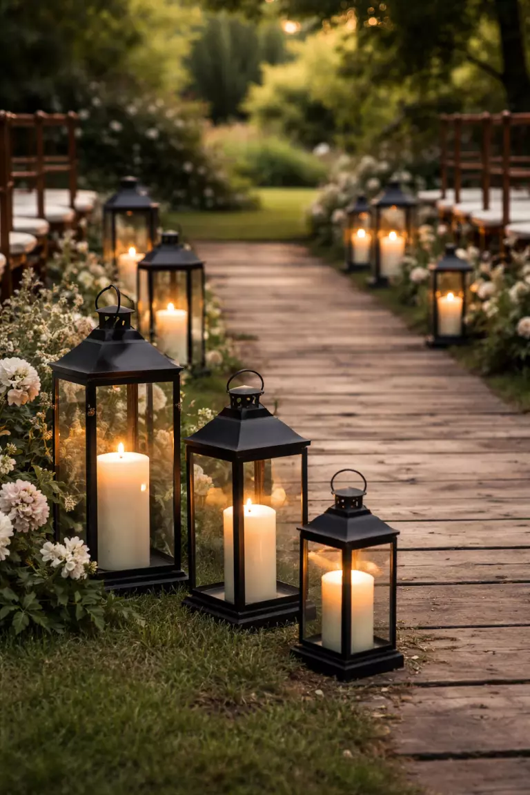A realistic photo of black metal lanterns in various sizes containing large white pillar candles, lining the edges of a wooden aisle in a garden.