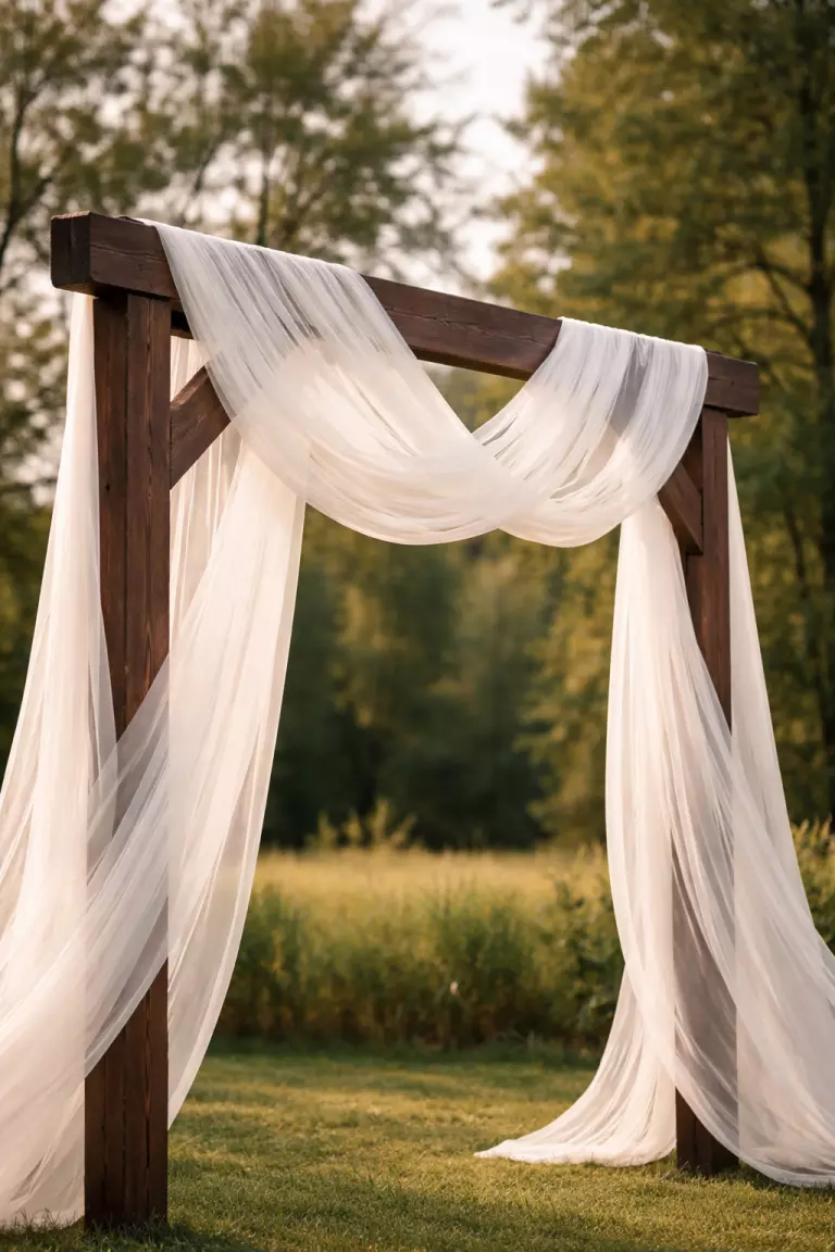 A realistic photo of long lengths of sheer white chiffon fabric draped elegantly over a dark wood ceremonial arch, blowing slightly in a soft breeze outdoors.