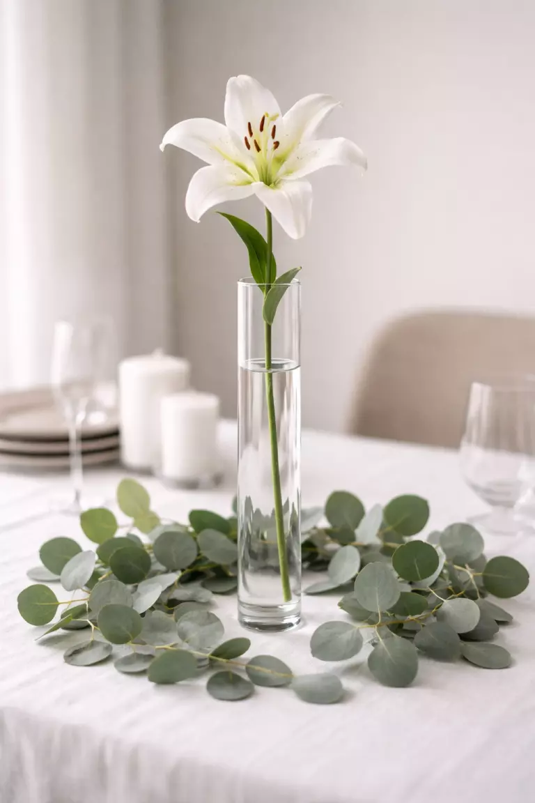 A realistic photo of a minimalist floral centerpiece with a single long stem white lily in a thin tall glass vase surrounded by green eucalyptus leaves on a table.