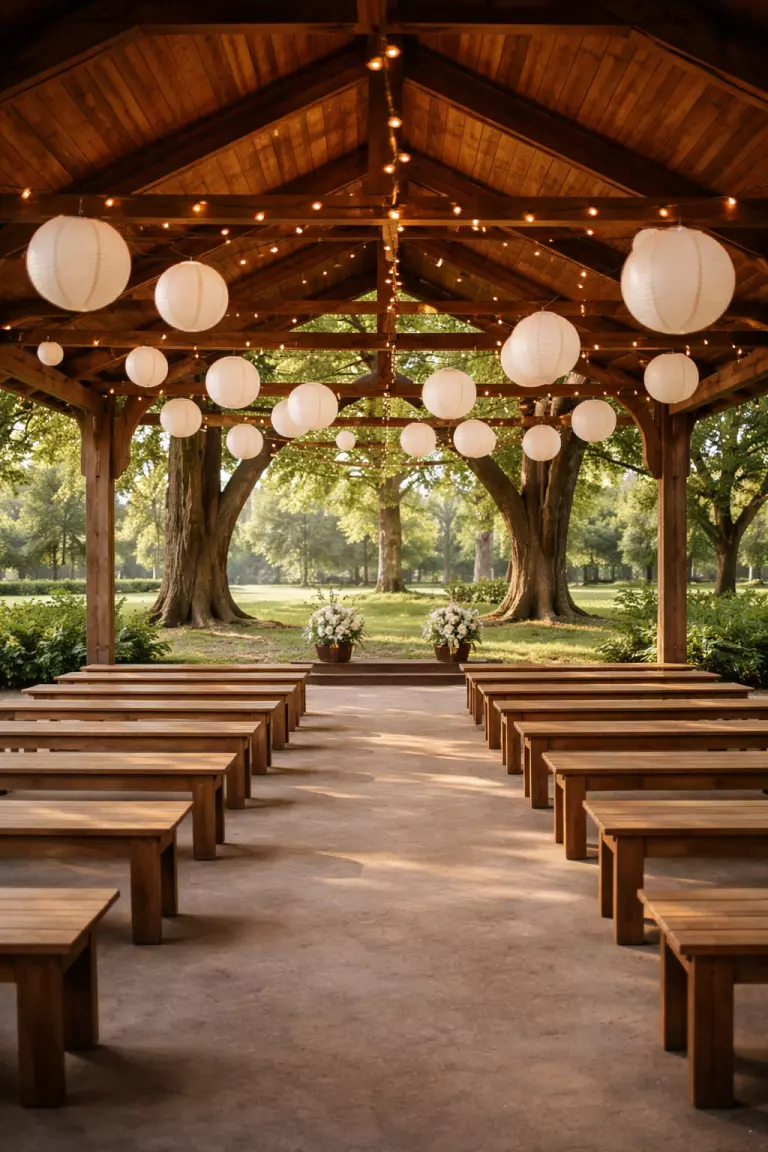A realistic photo of a public park pavilion decorated with hanging white paper lanterns and simple wooden benches arranged for a ceremony under large oak trees.