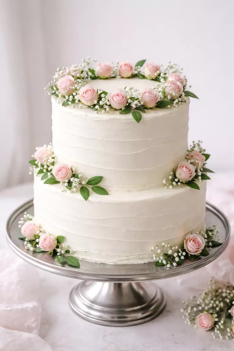A realistic photo of a simple two tiered white frosted cake decorated with small pink rosebuds on a silver metal cake stand.